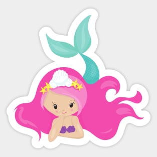 Cute Mermaid, Pink Hair, Little Mermaid, Starfish Sticker